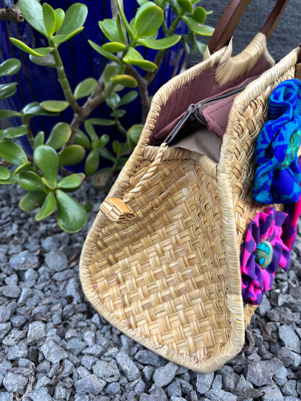 Lauhala Pua ‘Eke Trapeze Handbag - purple, turquoise, and magenta
