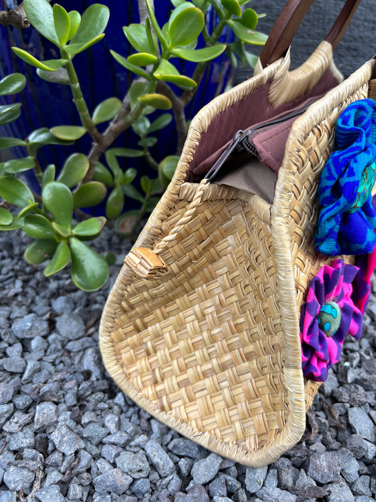 Lauhala Pua ‘Eke Trapeze Handbag - purple, turquoise, and magenta