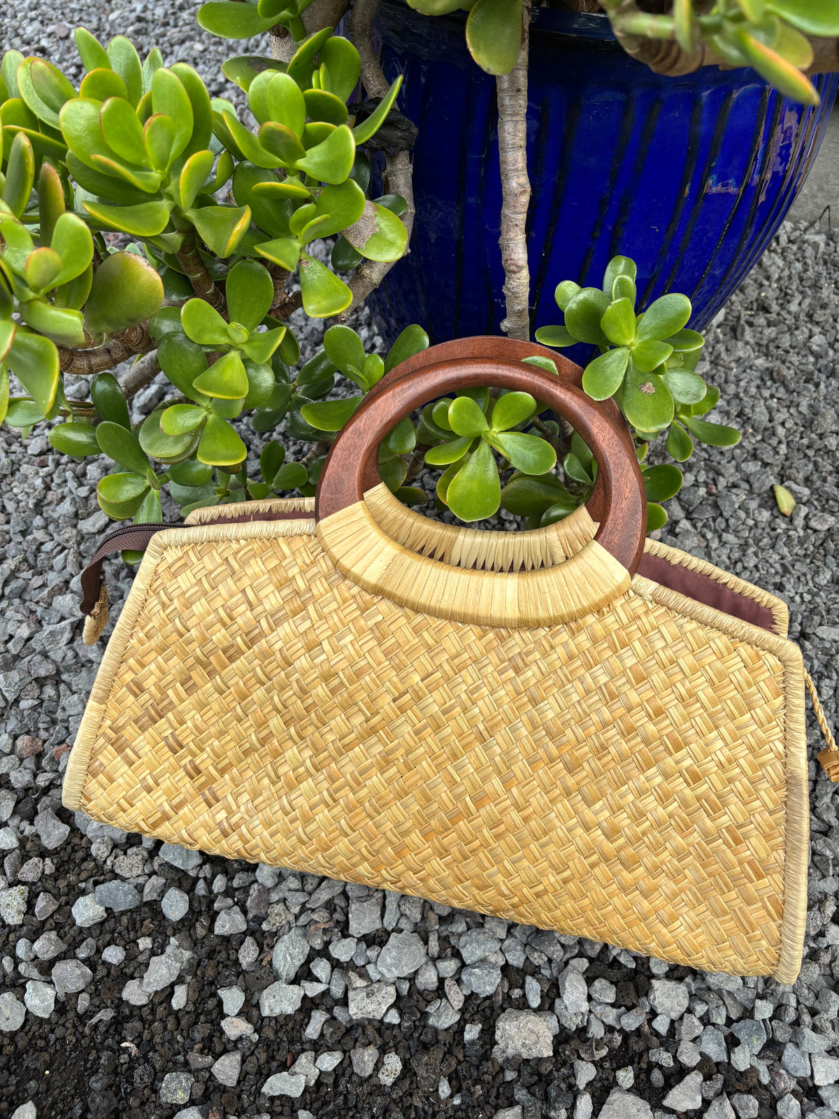 Lauhala Pua ‘Eke Trapeze Handbag - purple, turquoise, and magenta