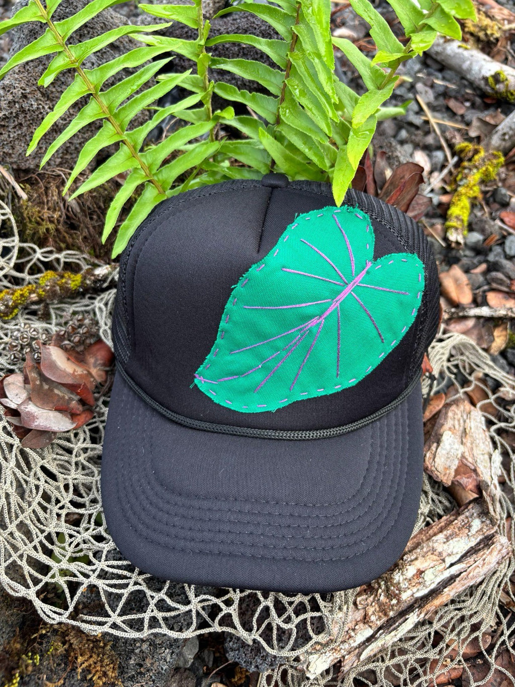 Kalo Leaf Trucker Hat - Bright Teal & Purple