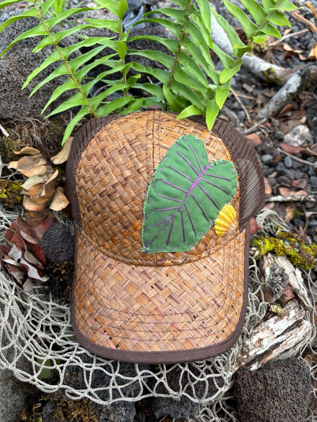 Lauhala Sunrise Kalo Trucker Hat - Green & Purple