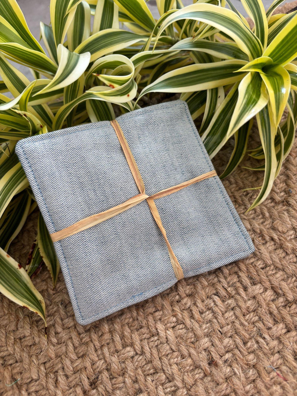 Medium Hand-sewn 2 Piece Coaster - Set 13, pattern 13A: denim back