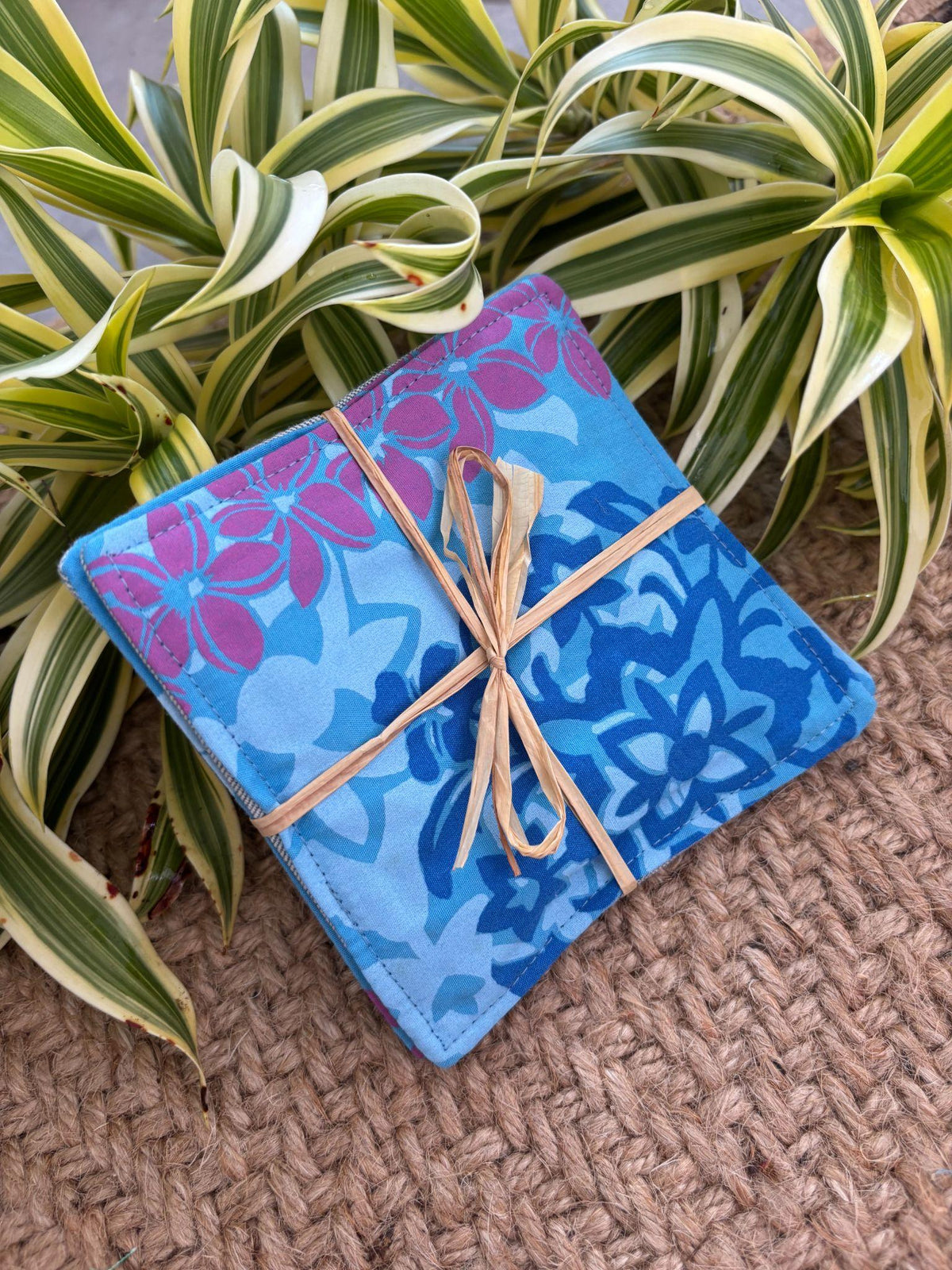 Medium Hand-sewn 2 Piece Coaster - Set 13, pattern 13A: fabric side tied with a lauhala twine bow