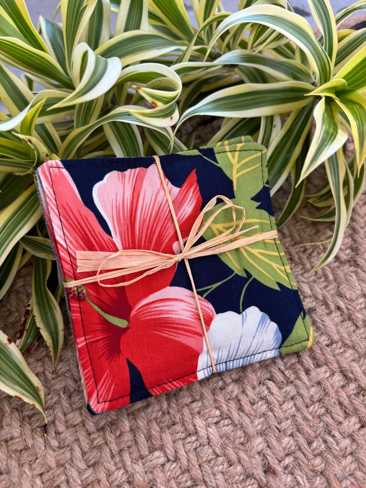 Medium Hand-sewn 2 Piece Coaster - Set 14, pattern 14A: fabric side tied with a lauhala twine bow