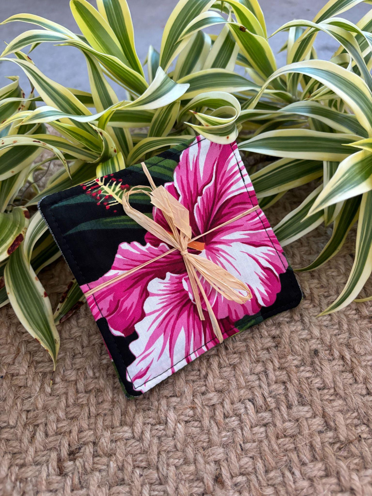 Medium Hand-sewn 2 Piece Coaster - Set 14, pattern 14C: fabric side tied with a lauhala twine bow