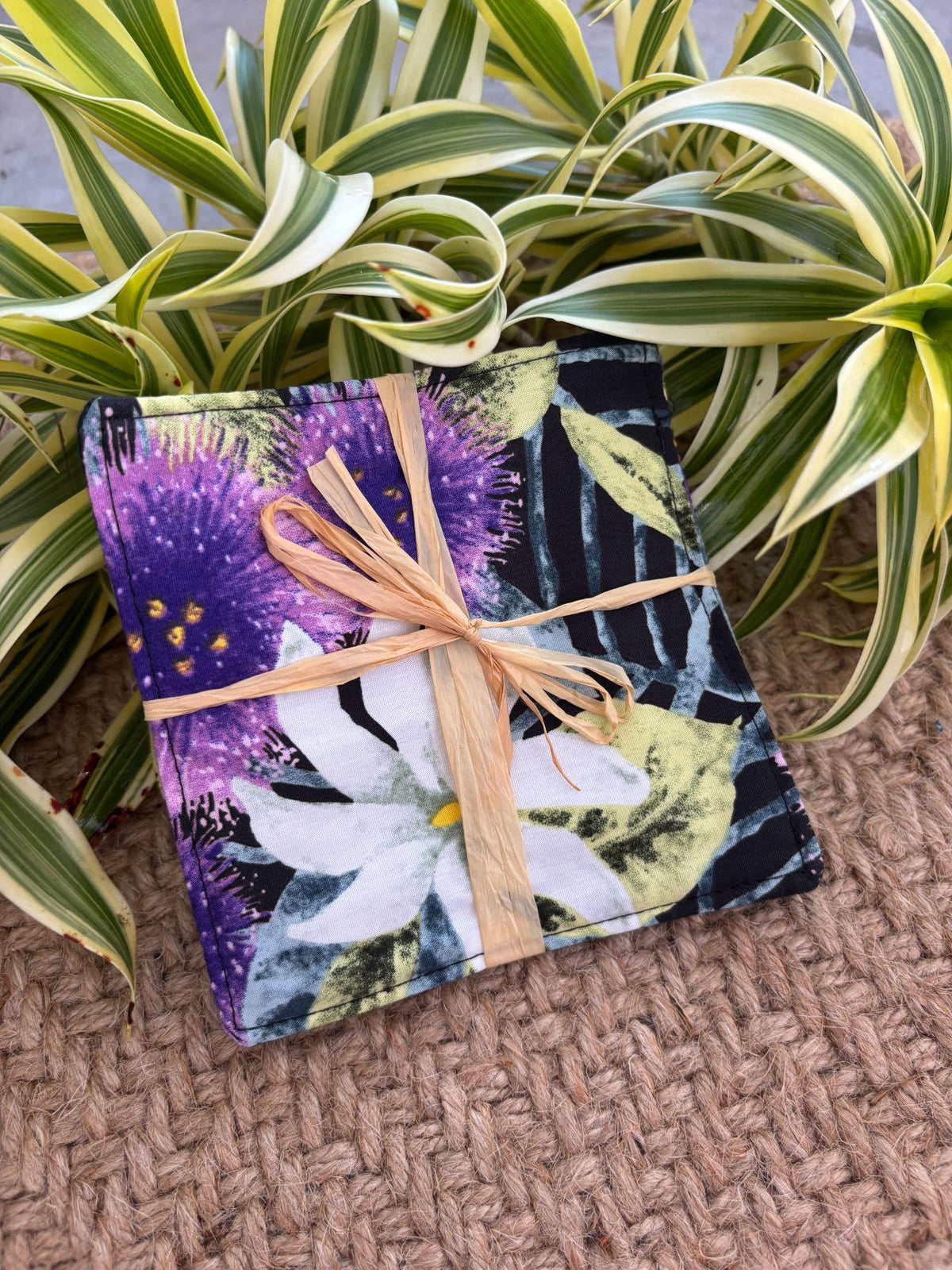 Medium Hand-sewn 2 Piece Coaster - Set 15, pattern 15A: fabric side tied with a lauhala twine bow