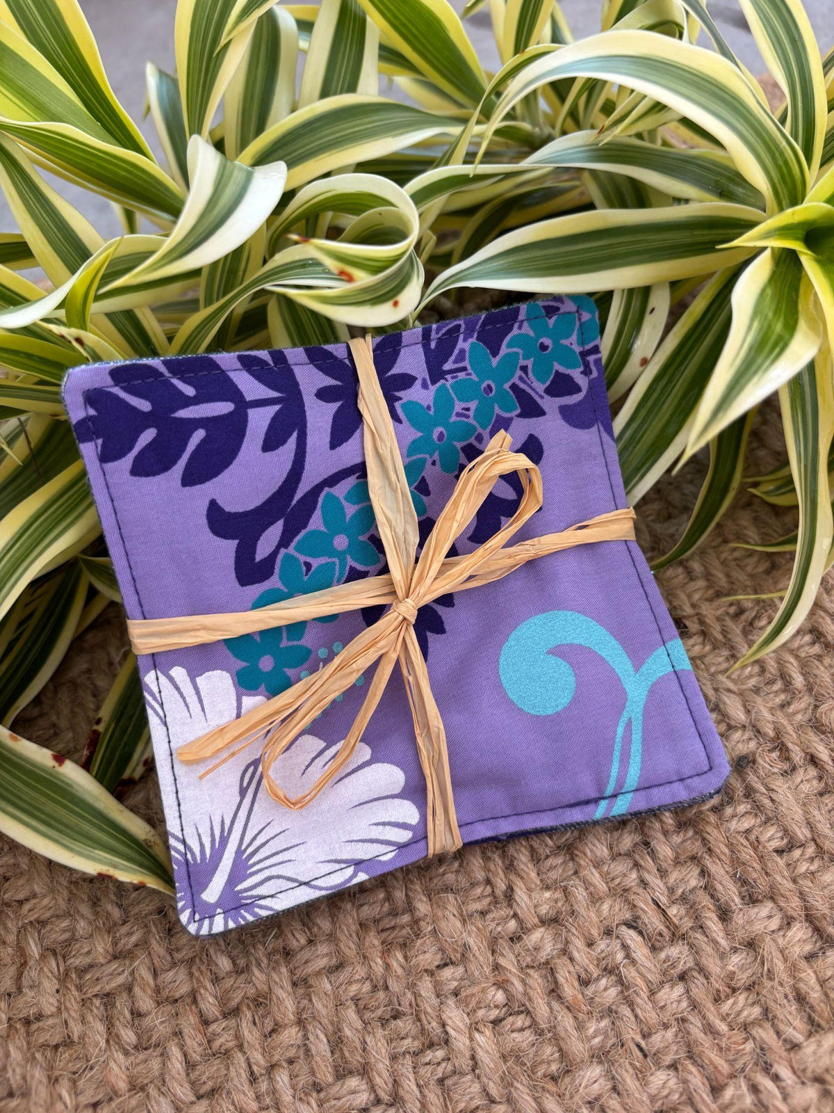 Medium Hand-sewn 2 Piece Coaster - Set 16, pattern 16A: fabric side tied with a lauhala twine bow