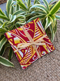 Medium Hand-sewn 2 Piece Coaster - Set 17, pattern 17A: fabric side tied with a lauhala twine bow