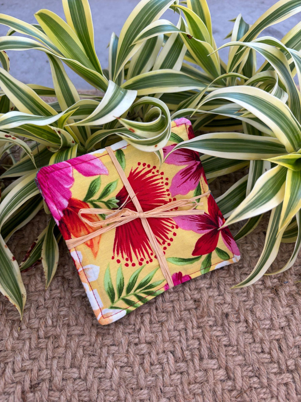 Medium Hand-sewn 2 Piece Coaster - Set 18, pattern 18A: fabric side tied with a lauhala twine bow