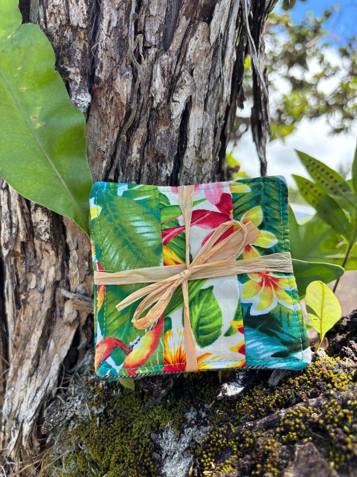 Medium Hand-sewn 2 Piece Coaster - Set 1, pattern 1A: fabric side tied with a lauhala twine bow