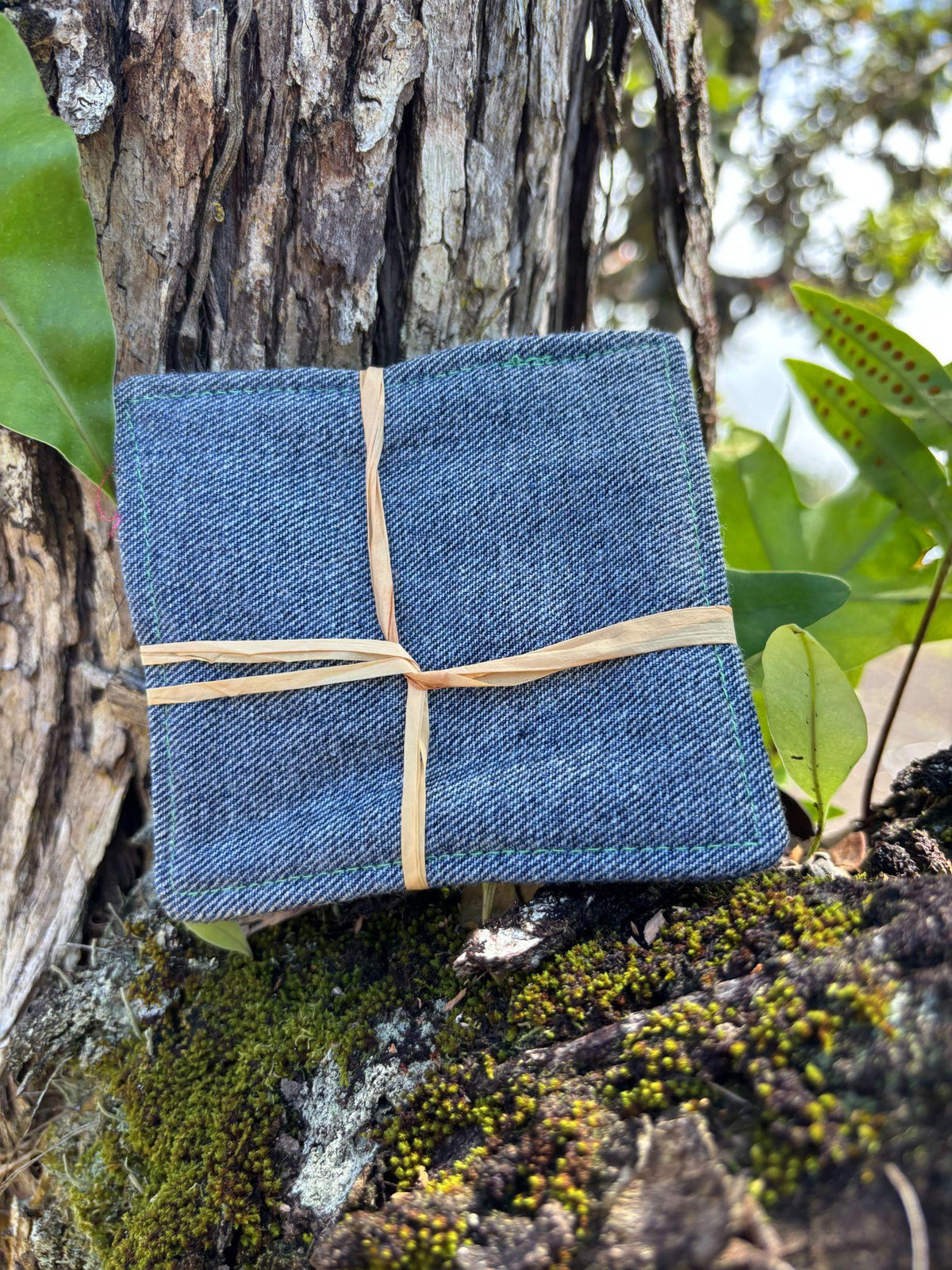 Medium Hand-sewn 2 Piece Coaster - Set 1, pattern 1B: denim back