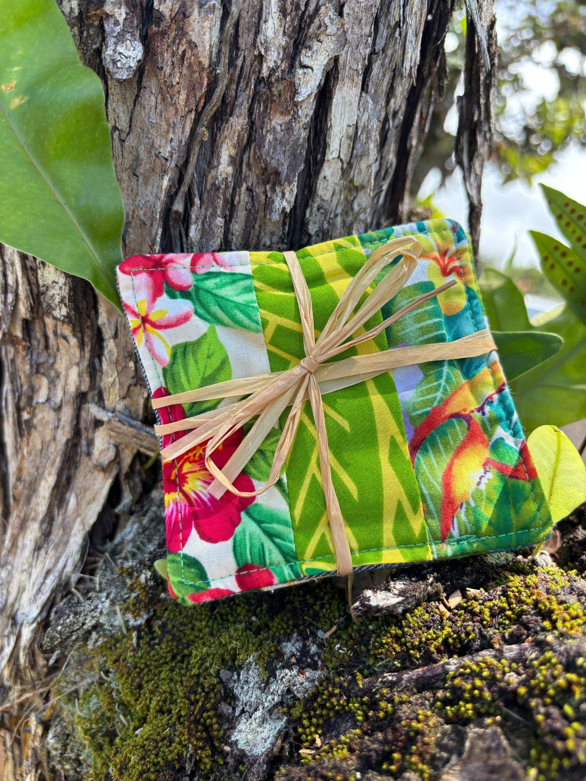 Medium Hand-sewn 2 Piece Coaster - Set 1, pattern 1B: fabric side tied with a lauhala twine bow