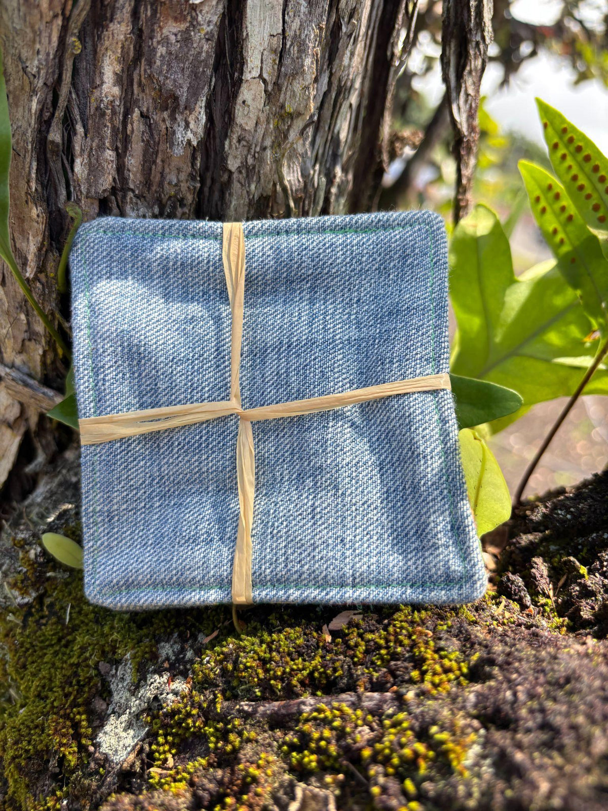 Medium Hand-sewn 2 Piece Coaster - Set 1, pattern 1C: denim back