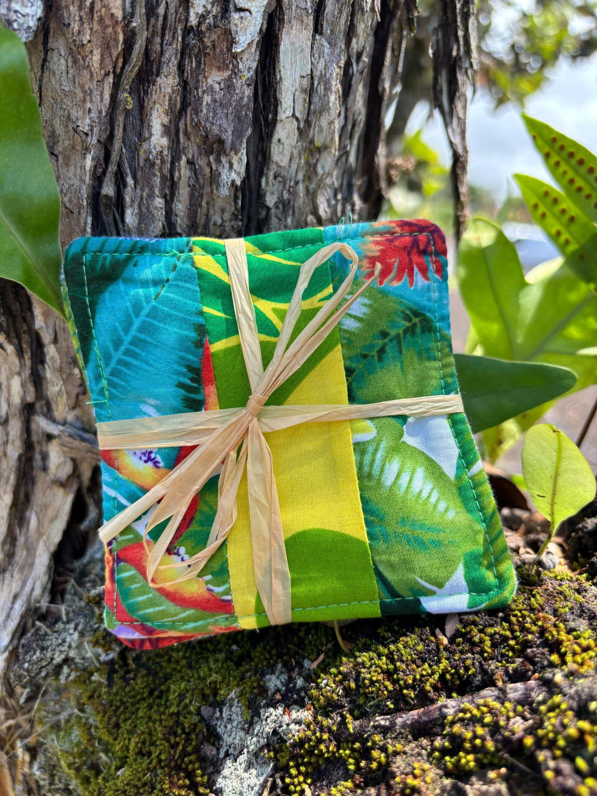 Medium Hand-sewn 2 Piece Coaster - Set 1, pattern 1C: fabric side tied with a lauhala twine bow