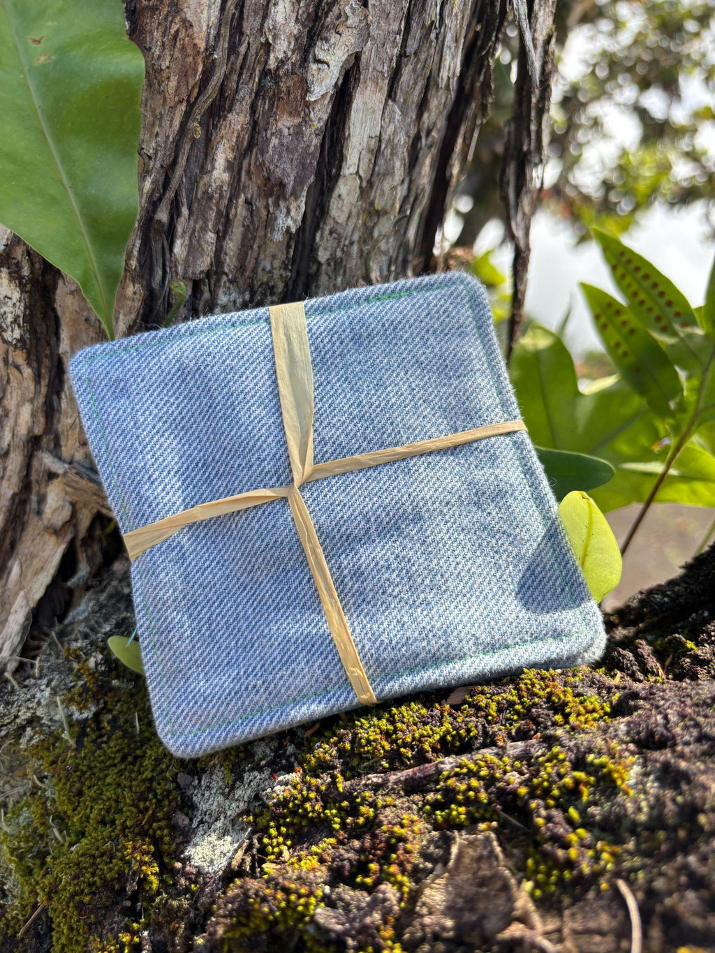 Medium Hand-sewn 2 Piece Coaster - Set 1, pattern 1D: denim back