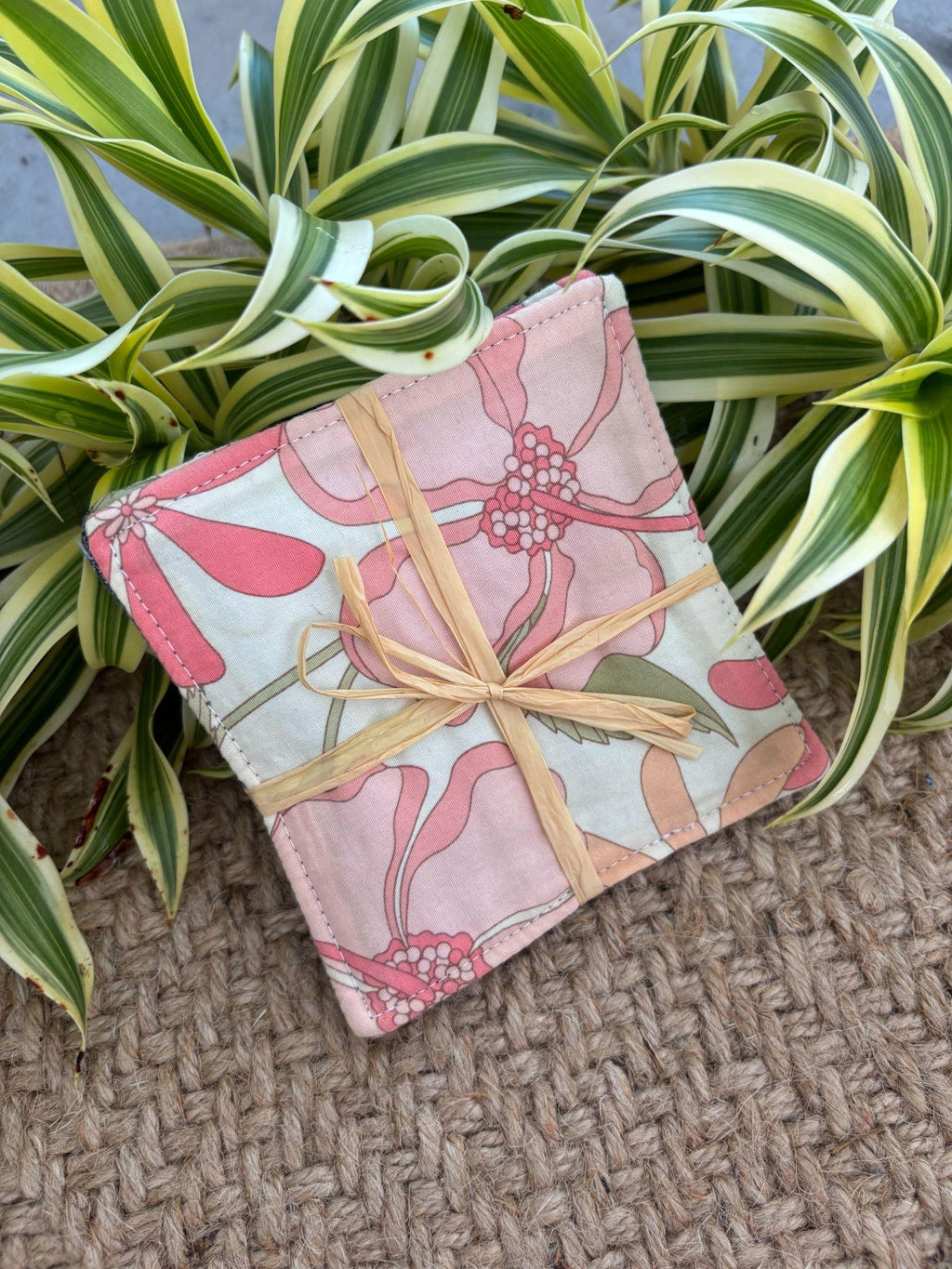 Medium Hand-sewn 2 Piece Coaster - Set 21, pattern 21A: fabric side tied with a lauhala twine bow