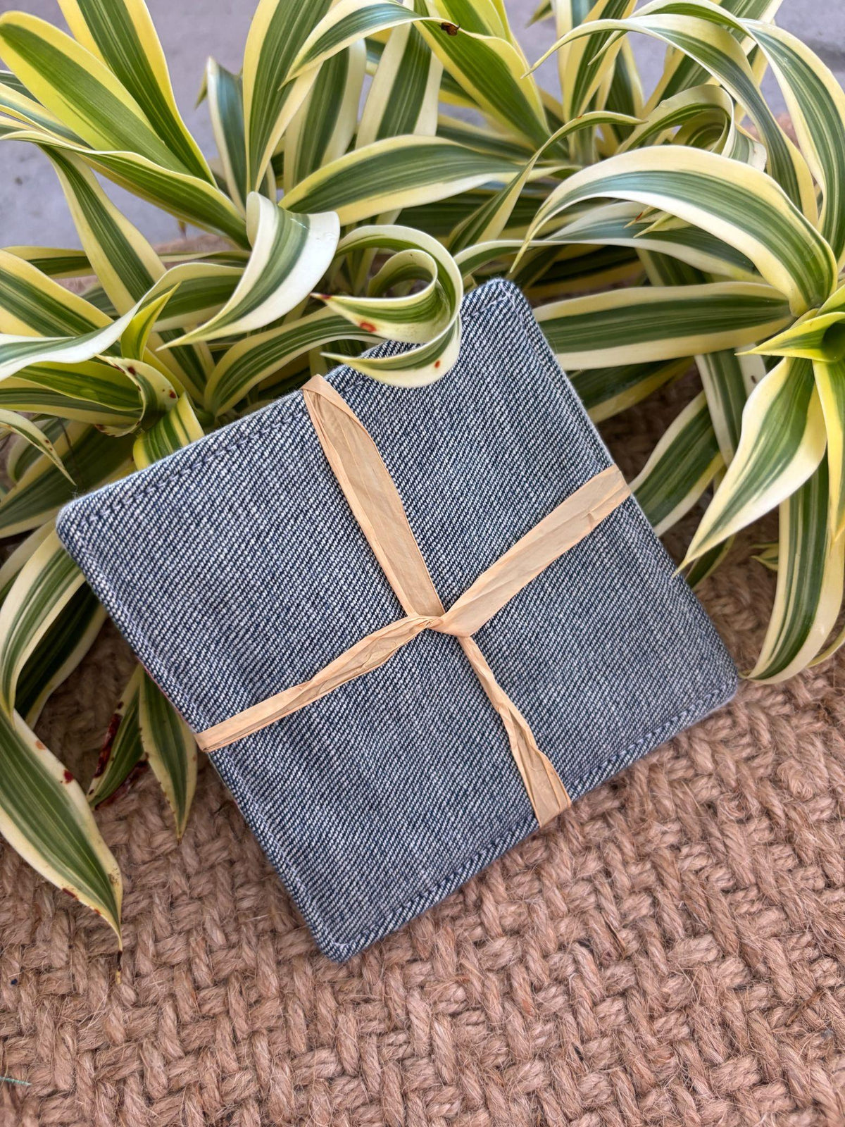 Medium Hand-sewn 2 Piece Coaster - Set 27, pattern 27A: denim back