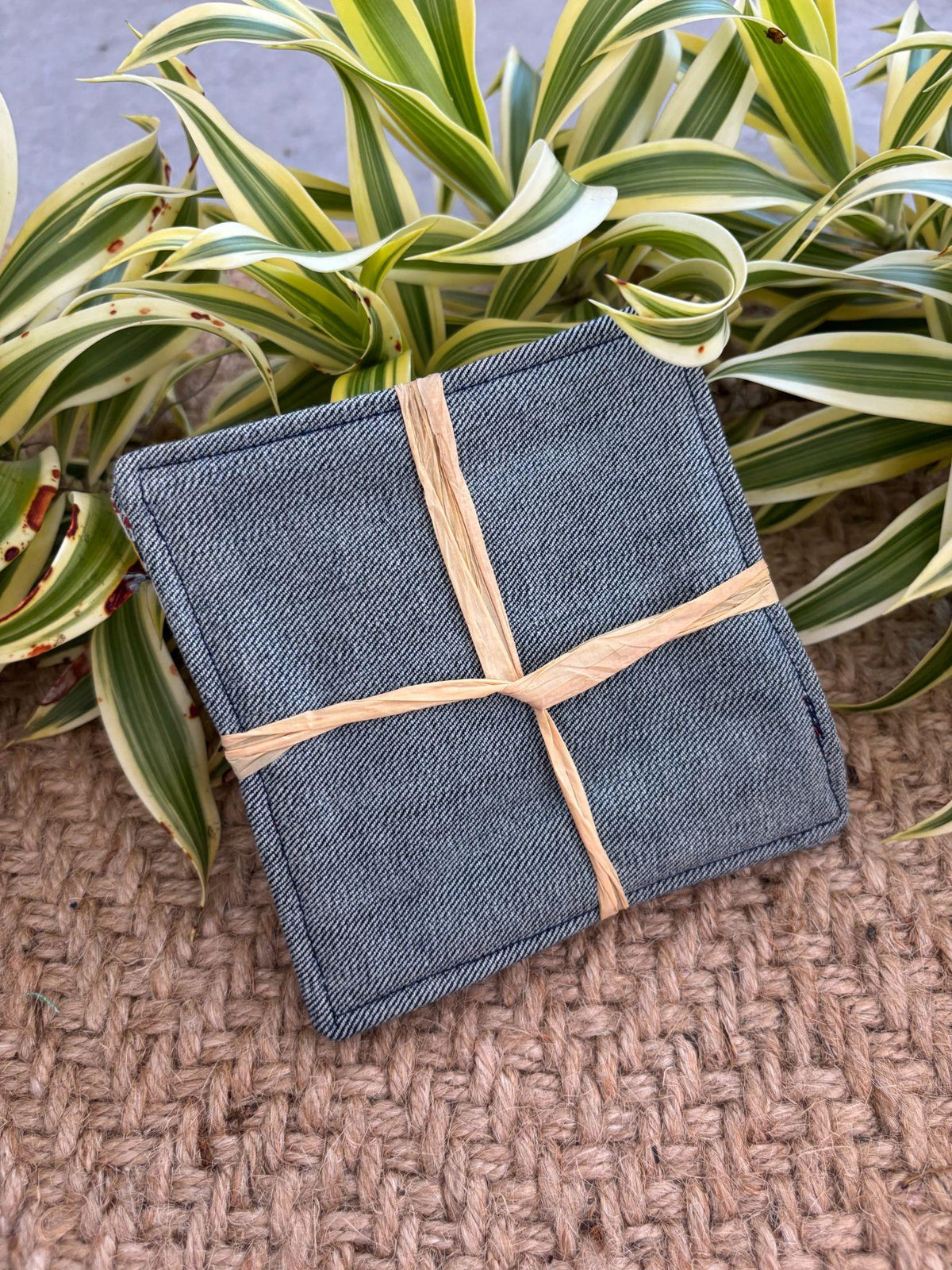 Medium Hand-sewn 2 Piece Coaster - Set 28, pattern 28D: denim back