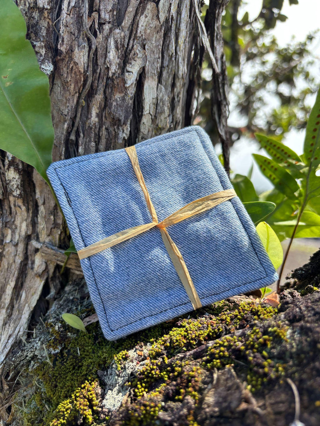 Medium Hand-sewn 2 Piece Coaster - Set 2, pattern 2A: denim back