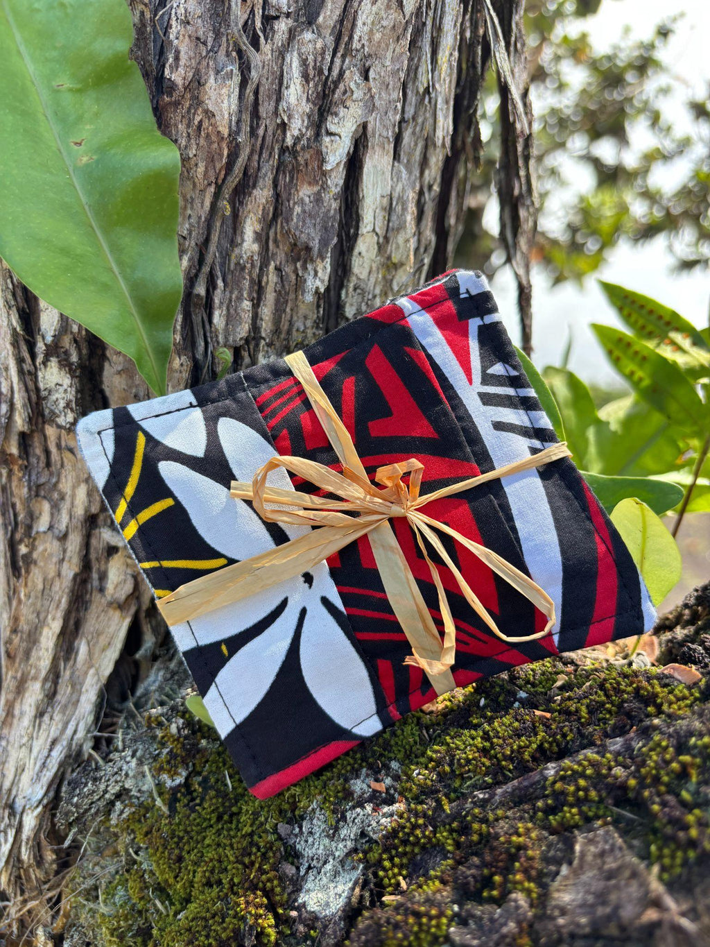 Medium Hand-sewn 2 Piece Coaster - Set 2, pattern 2A: fabric side tied with a lauhala twine bow