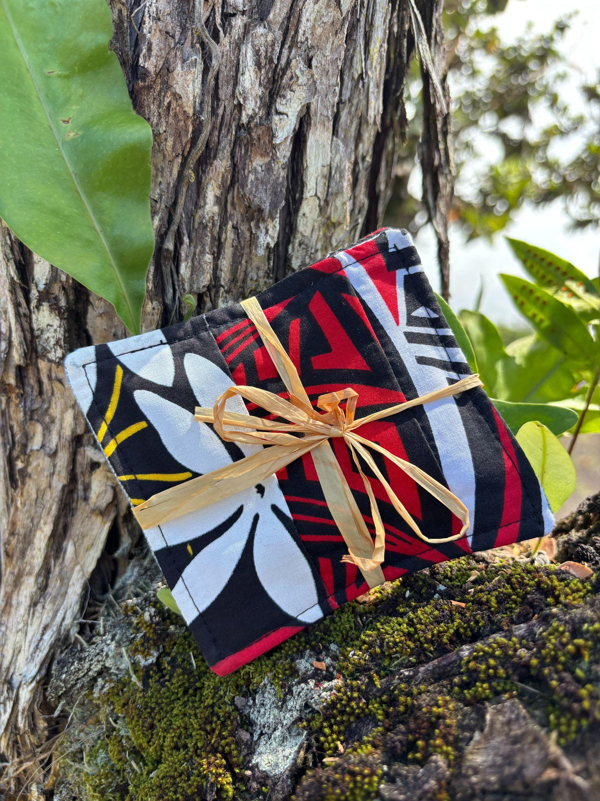 Medium Hand-sewn 2 Piece Coaster - Set 2, pattern 2A: fabric side tied with a lauhala twine bow