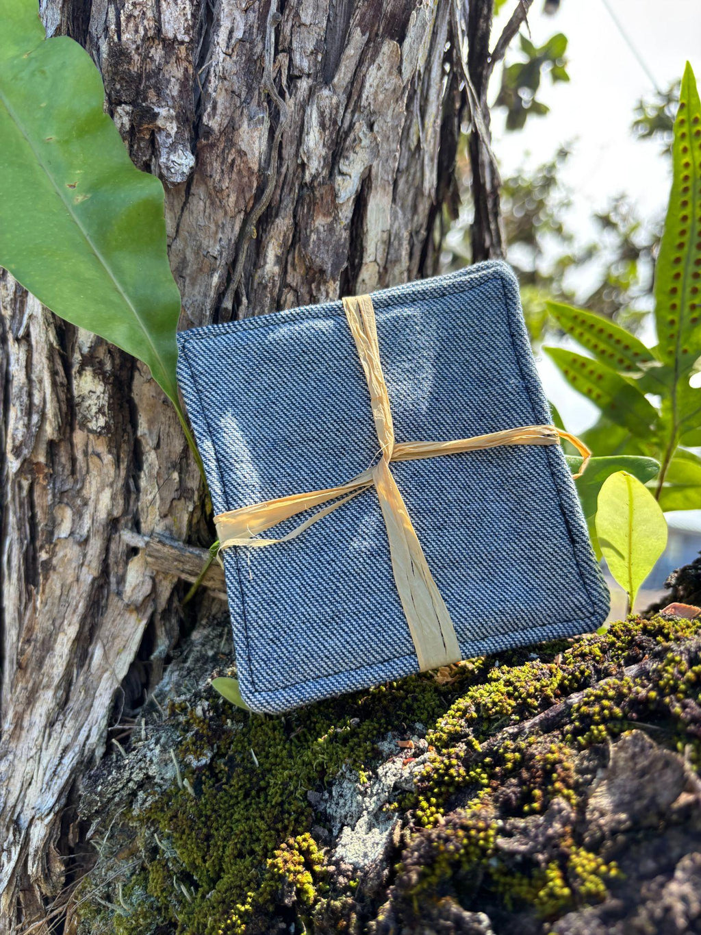 Medium Hand-sewn 2 Piece Coaster - Set 2, pattern 2B: denim back
