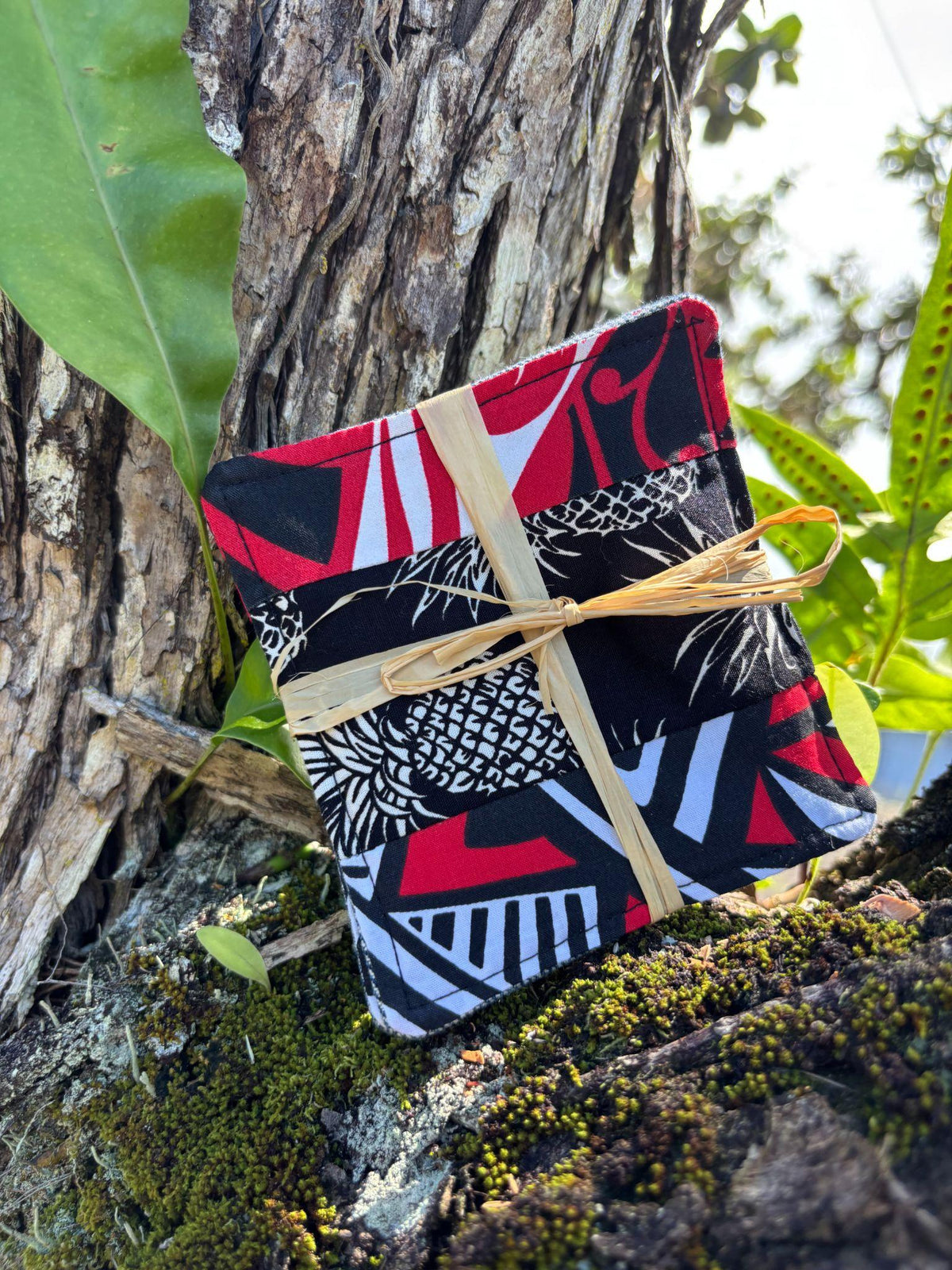 Medium Hand-sewn 2 Piece Coaster - Set 2, pattern 2B: fabric side tied with a lauhala twine bow