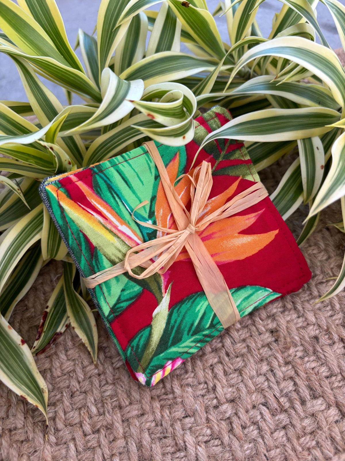 Medium Hand-sewn 2 Piece Coaster - Set 34, pattern 34A: fabric side tied with a lauhala twine bow