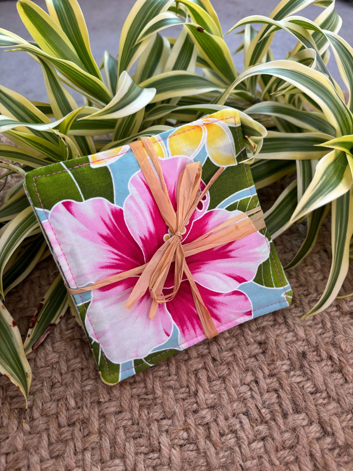 Medium Hand-sewn 2 Piece Coaster - Set 35, pattern 35B: fabric side tied with a lauhala twine bow
