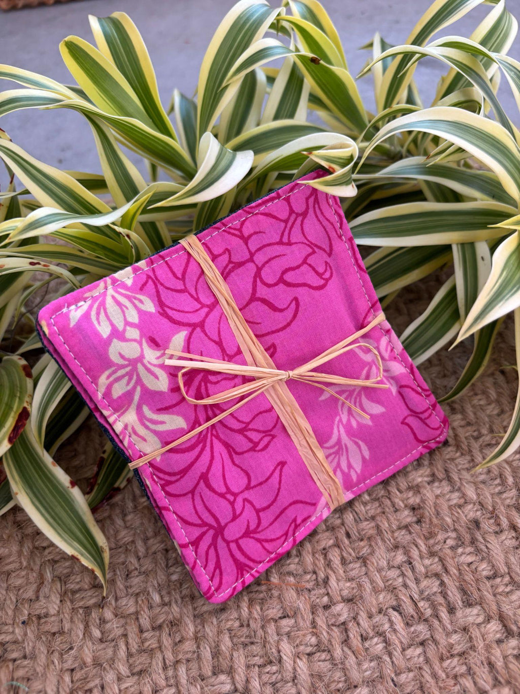 Medium Hand-sewn 2 Piece Coaster - Set 37, pattern 37A: fabric side tied with a lauhala twine bow