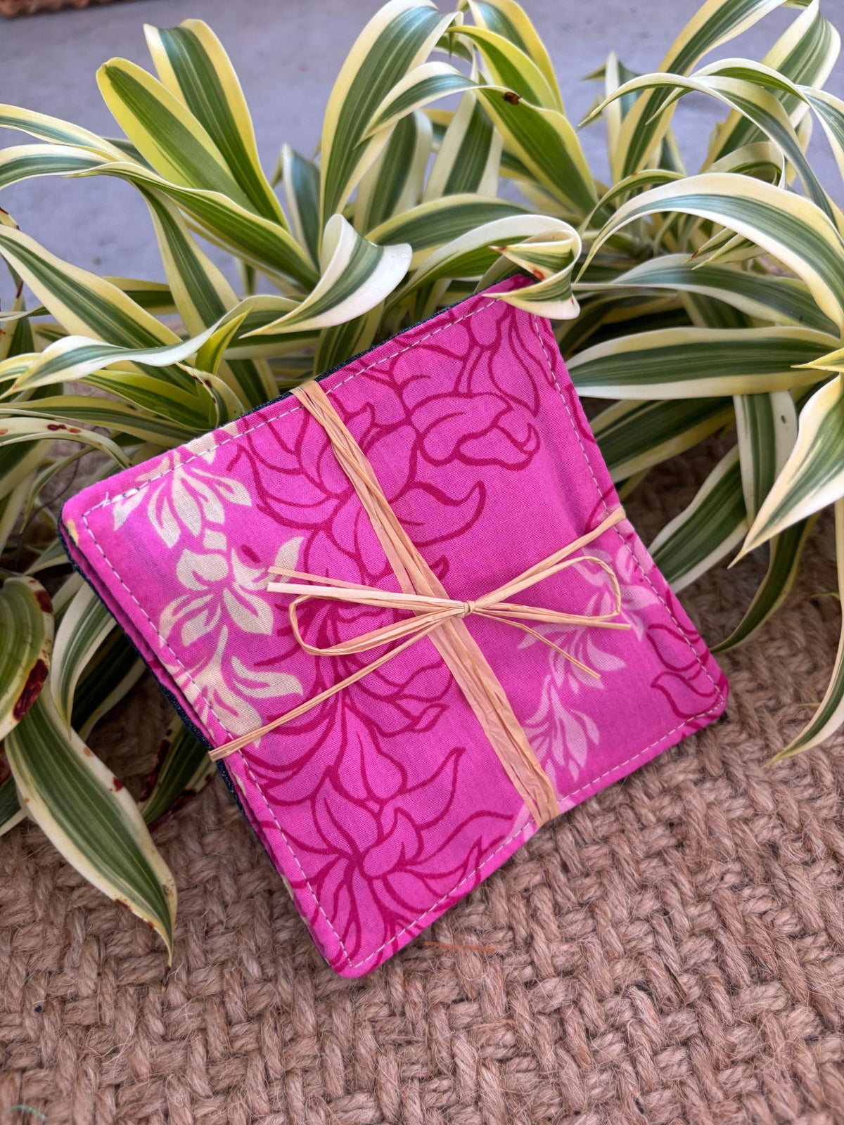 Medium Hand-sewn 2 Piece Coaster - Set 37, pattern 37A: fabric side tied with a lauhala twine bow