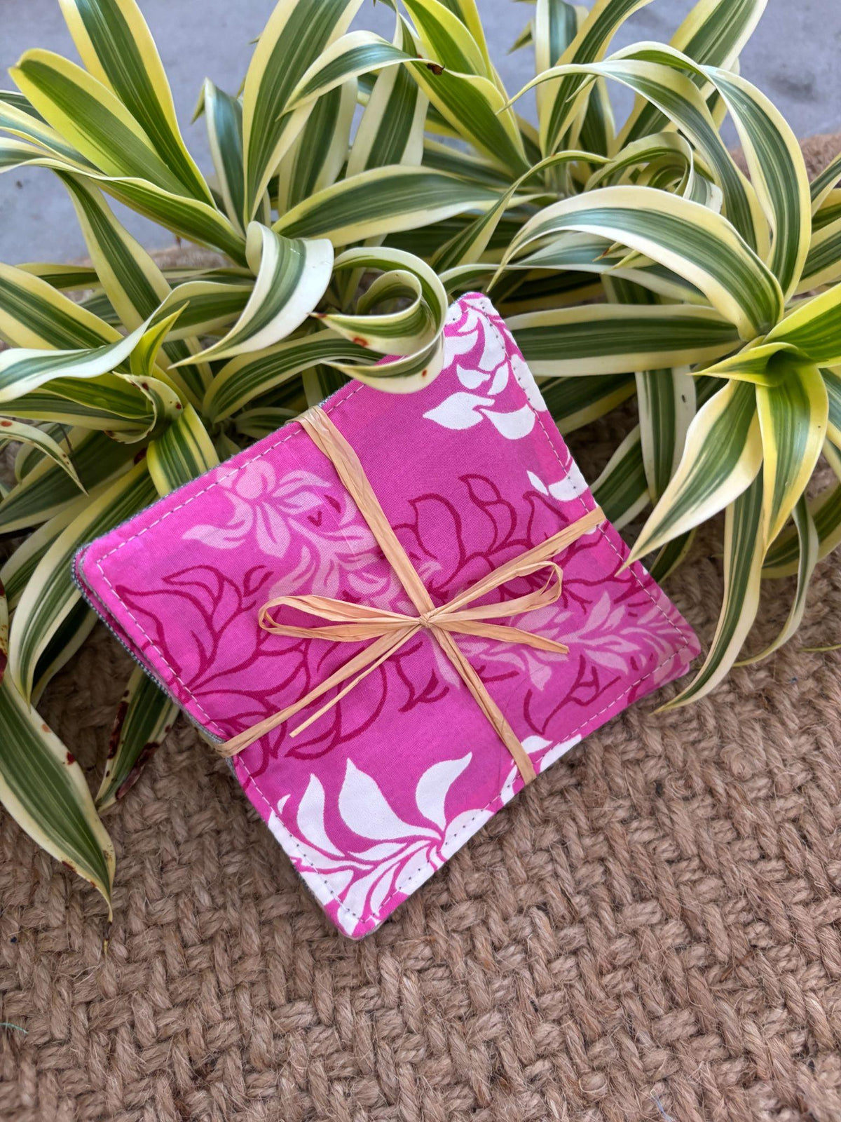 Medium Hand-sewn 2 Piece Coaster - Set 37, pattern 37B: fabric side tied with a lauhala twine bow