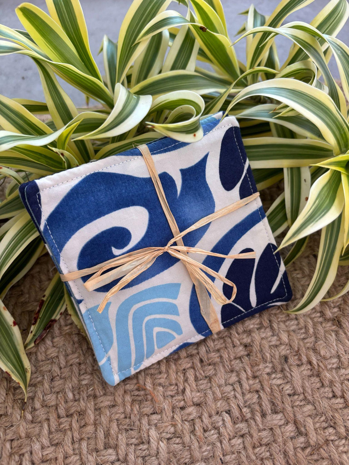 Medium Hand-sewn 2 Piece Coaster - Set 38, pattern 38A: fabric side tied with a lauhala twine bow