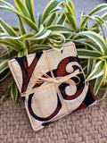 Medium Hand-sewn 2 Piece Coaster - Set 39, pattern 39A: fabric side tied with a lauhala twine bow