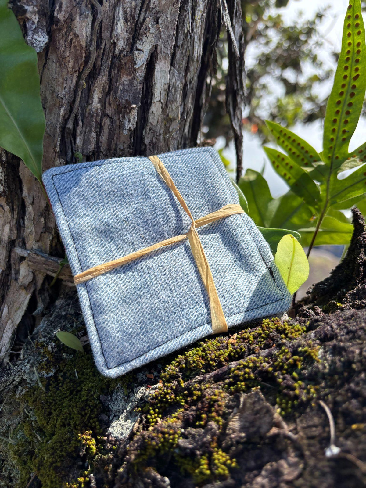 Medium Hand-sewn 2 Piece Coaster - Set 3, pattern 3A: denim back