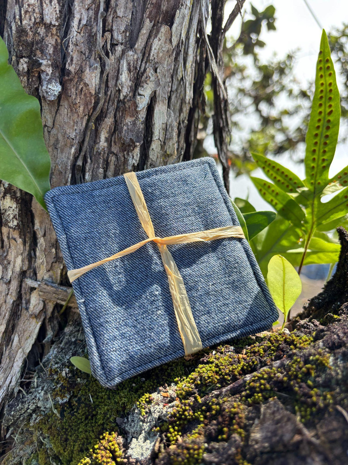 Medium Hand-sewn 2 Piece Coaster - Set 3, pattern 3B: denim back