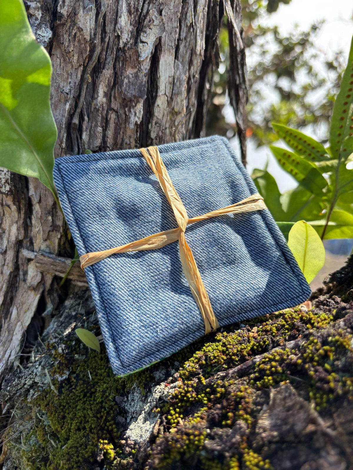 Medium Hand-sewn 2 Piece Coaster - Set 3, pattern 3C: denim back