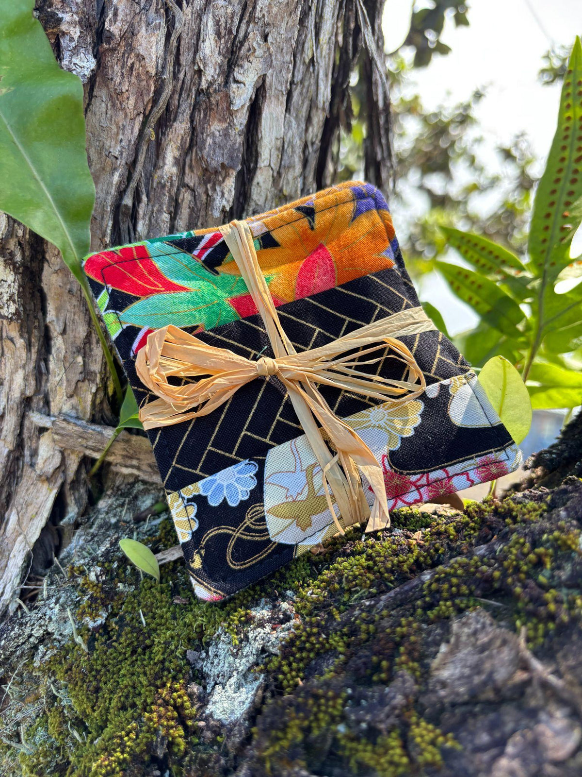 Medium Hand-sewn 2 Piece Coaster - Set 3, pattern 3C: fabric side tied with a lauhala twine bow