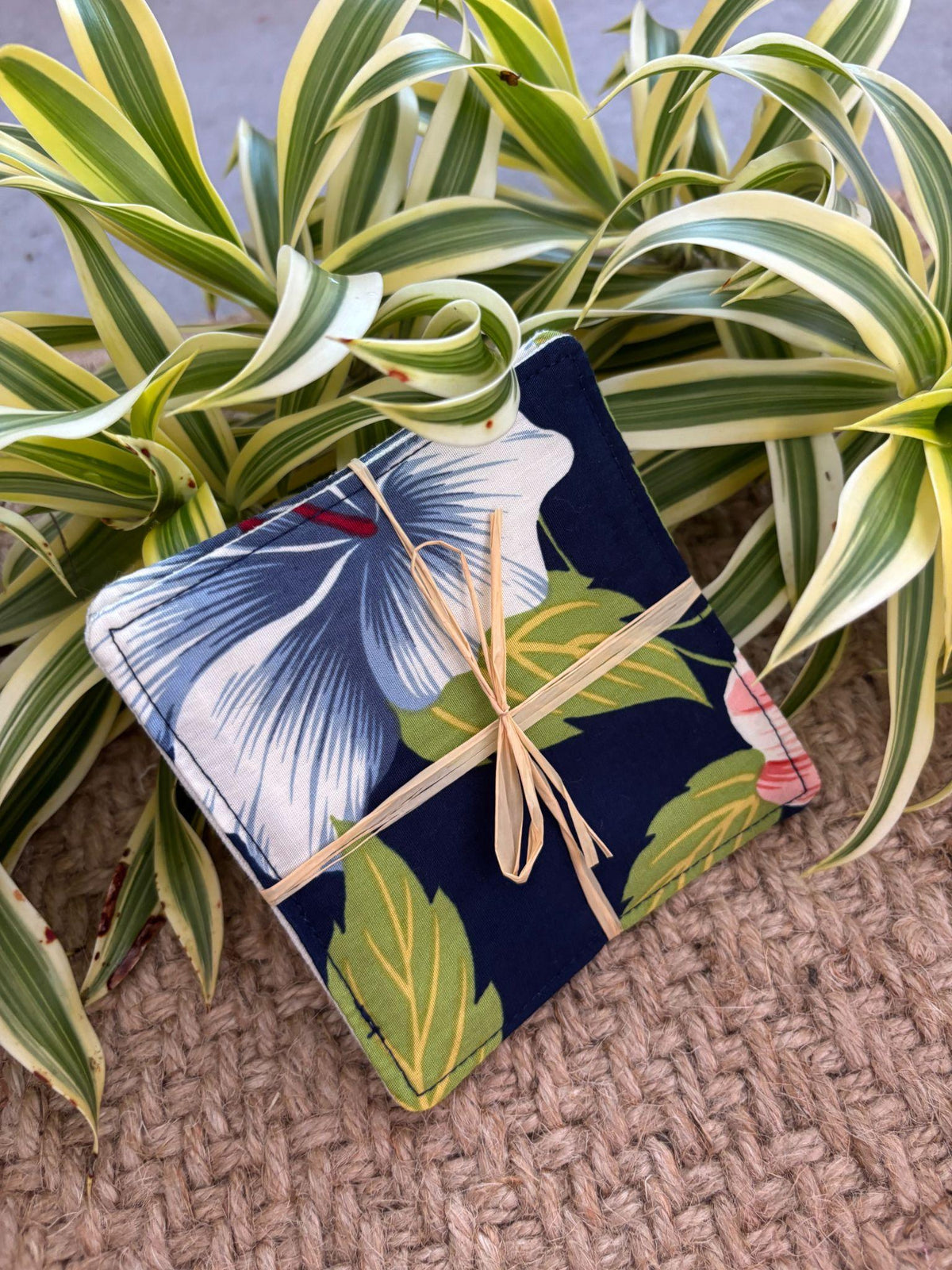 Medium Hand-sewn 2 Piece Coaster - Set 40, pattern 40A: fabric side tied with a lauhala twine bow
