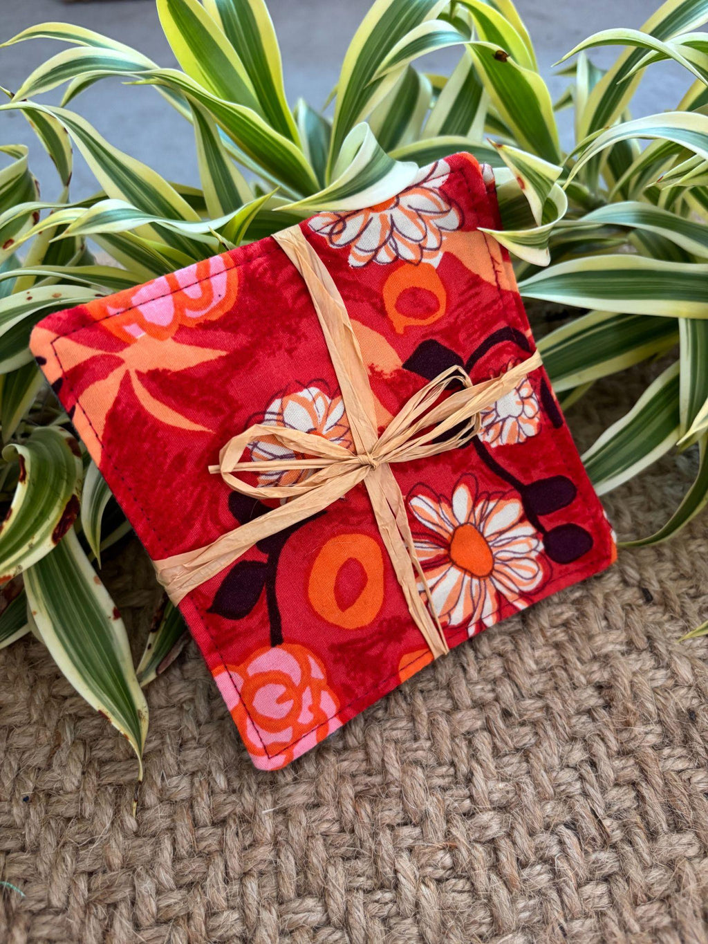 Medium Hand-sewn 2 Piece Coaster - Set 43, pattern 43A: fabric side tied with a lauhala twine bow