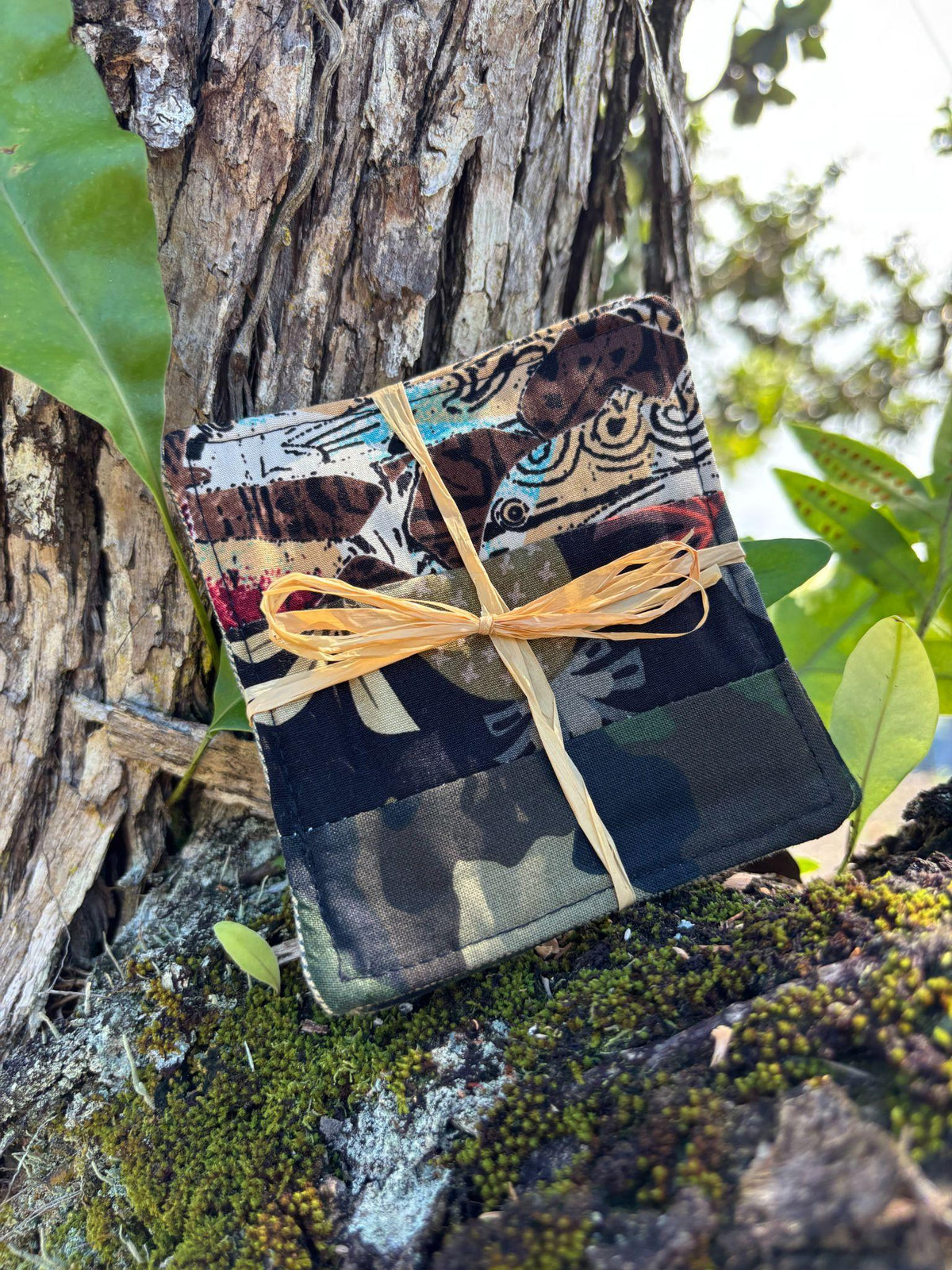 Medium Hand-sewn 2 Piece Coaster - Set 6, pattern 6B: fabric side tied with a lauhala twine bow