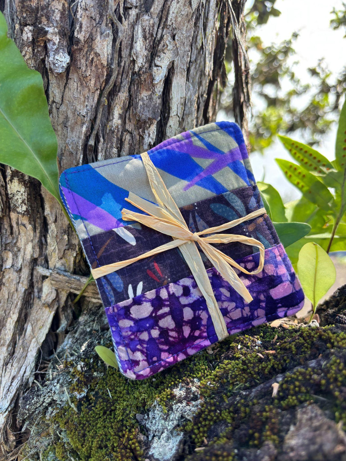 Medium Hand-sewn 2 Piece Coaster - Set 7, pattern 7A: fabric side tied with a lauhala twine bow