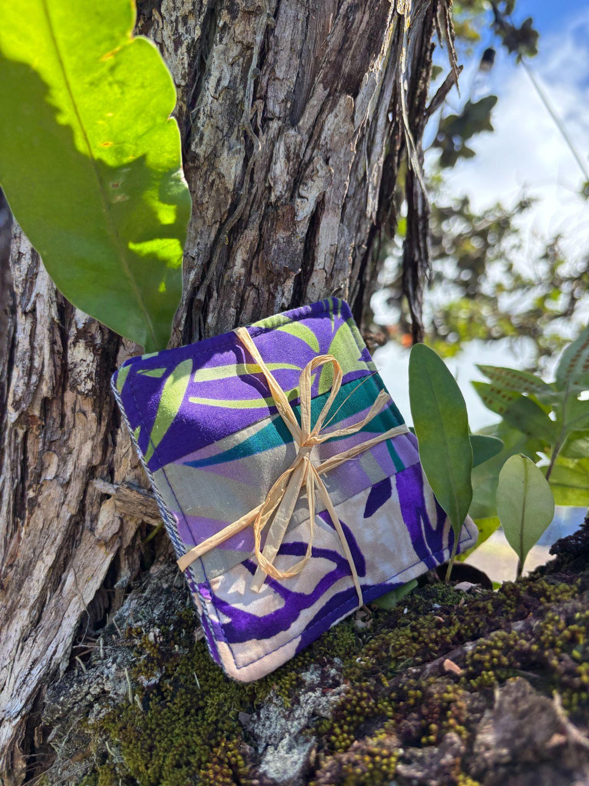 Medium Hand-sewn 2 Piece Coaster - Set 7, pattern 7C: fabric side tied with a lauhala twine bow