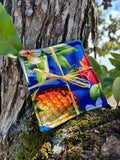 Medium Hand-sewn 2 Piece Coaster - Set 8, pattern 8A: fabric side tied with a lauhala twine bow