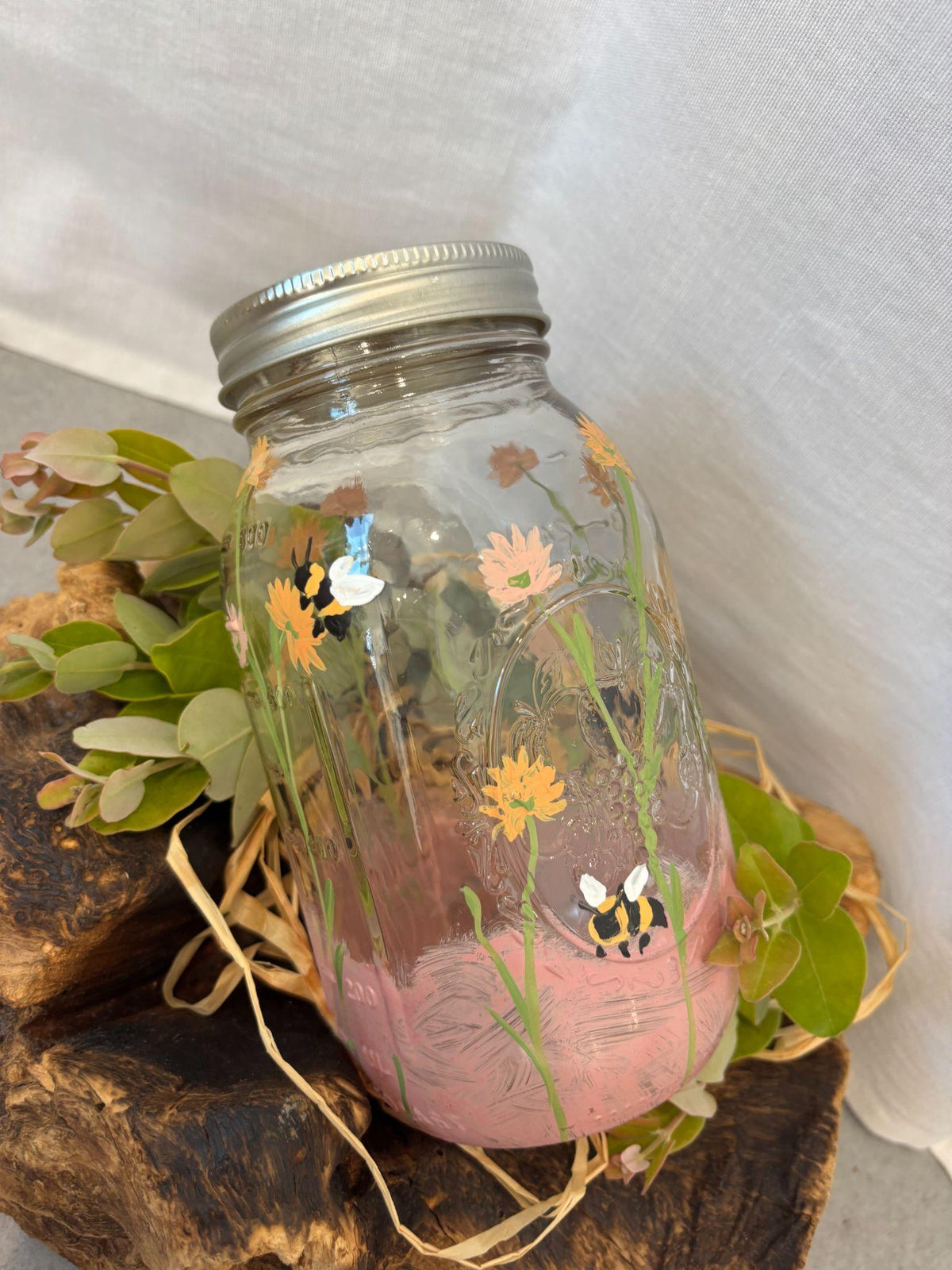 Painted Mixed Daisy & Bee Jar