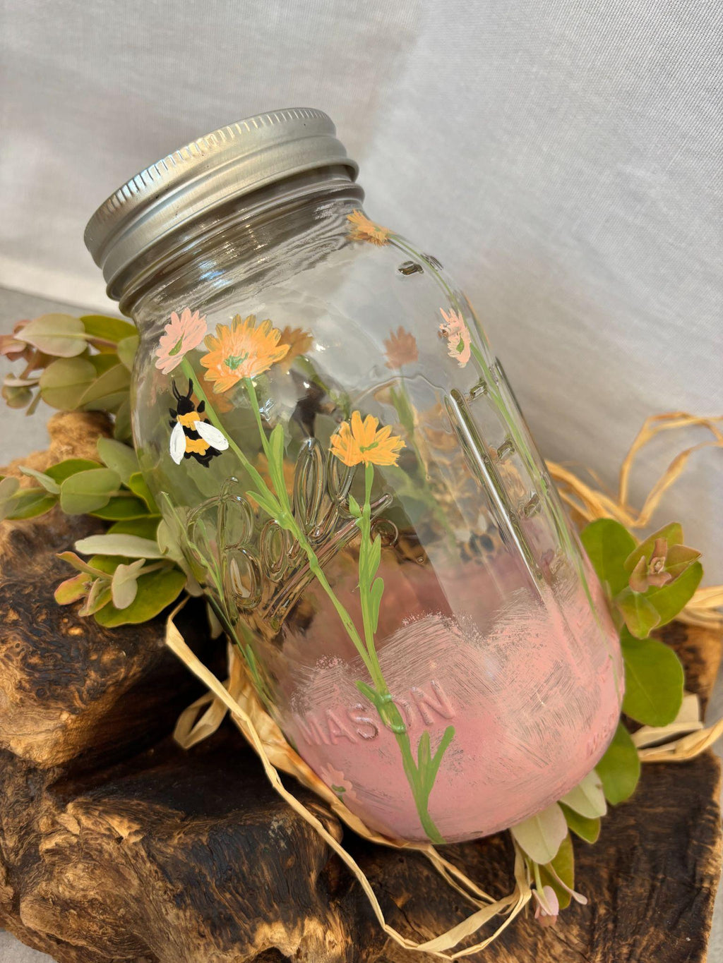 Painted Mixed Daisy & Bee Jar